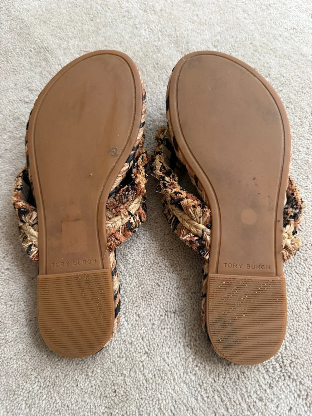 Tory Burch Tan and Black Raffia Pom Slide Sandals